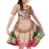 Guam Seal and Latte Stone With Ethnic Tapa Pattern Family Matching Summer Maxi Dress and Hawaiian Shirt Peach Fuzz Color LT03 Daughter's Dress Peach Fuzz - Polynesian Pride
