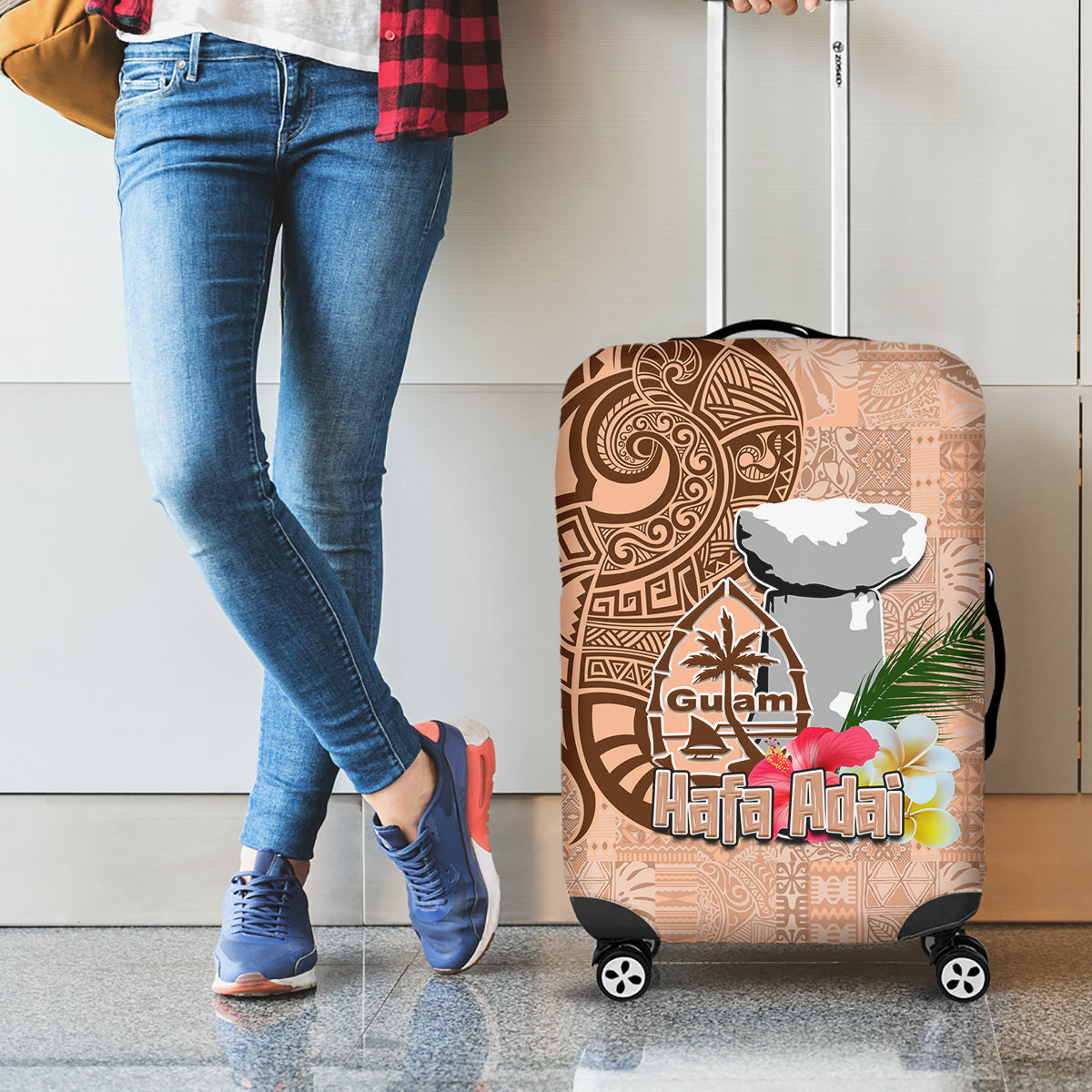 Guam Seal and Latte Stone With Ethnic Tapa Pattern Luggage Cover Peach Fuzz Color LT03 - Polynesian Pride