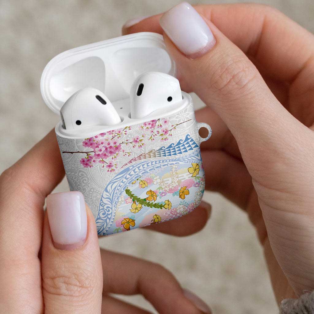 Hawaiian and Japanese Culture Together AirPods Case Tribal Motifs with Lei and Japanese Sakura Pattern