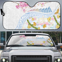 Hawaiian and Japanese Culture Together Auto Sun Shade Tribal Motifs with Lei and Japanese Sakura Pattern