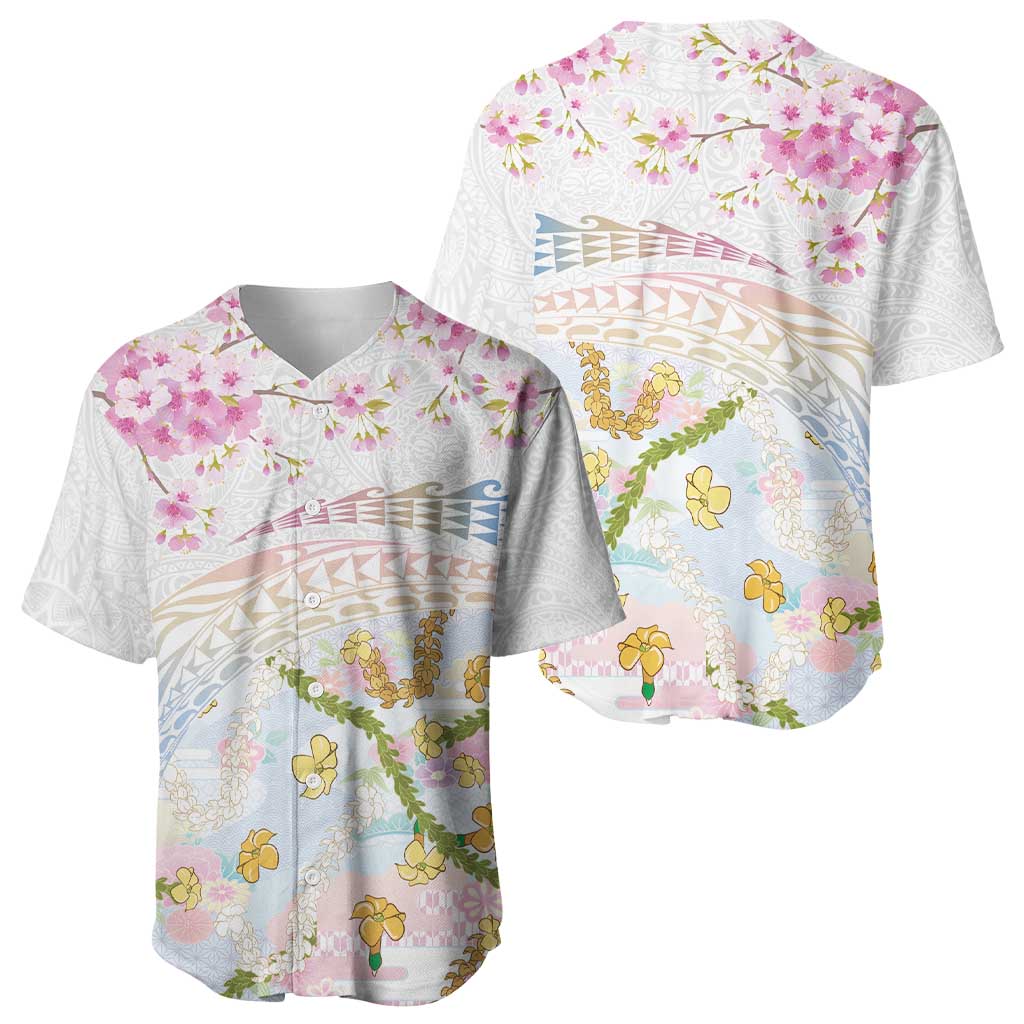 Hawaiian and Japanese Culture Together Baseball Jersey Tribal Motifs with Lei and Japanese Sakura Pattern LT03 - Polynesian Pride