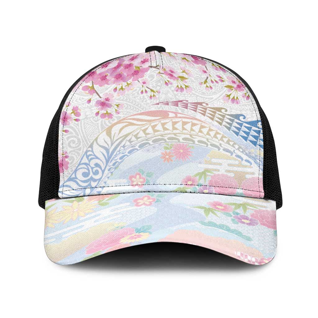 Hawaiian and Japanese Culture Together Baseball Net Cap Tribal Motifs with Lei and Japanese Sakura Pattern