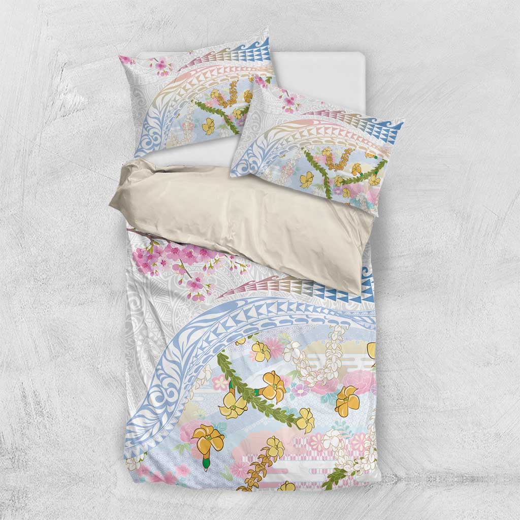 Hawaiian and Japanese Culture Together Bedding Set Tribal Motifs with Lei and Japanese Sakura Pattern