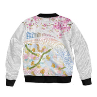 Hawaiian and Japanese Culture Together Bomber Jacket Tribal Motifs with Lei and Japanese Sakura Pattern
