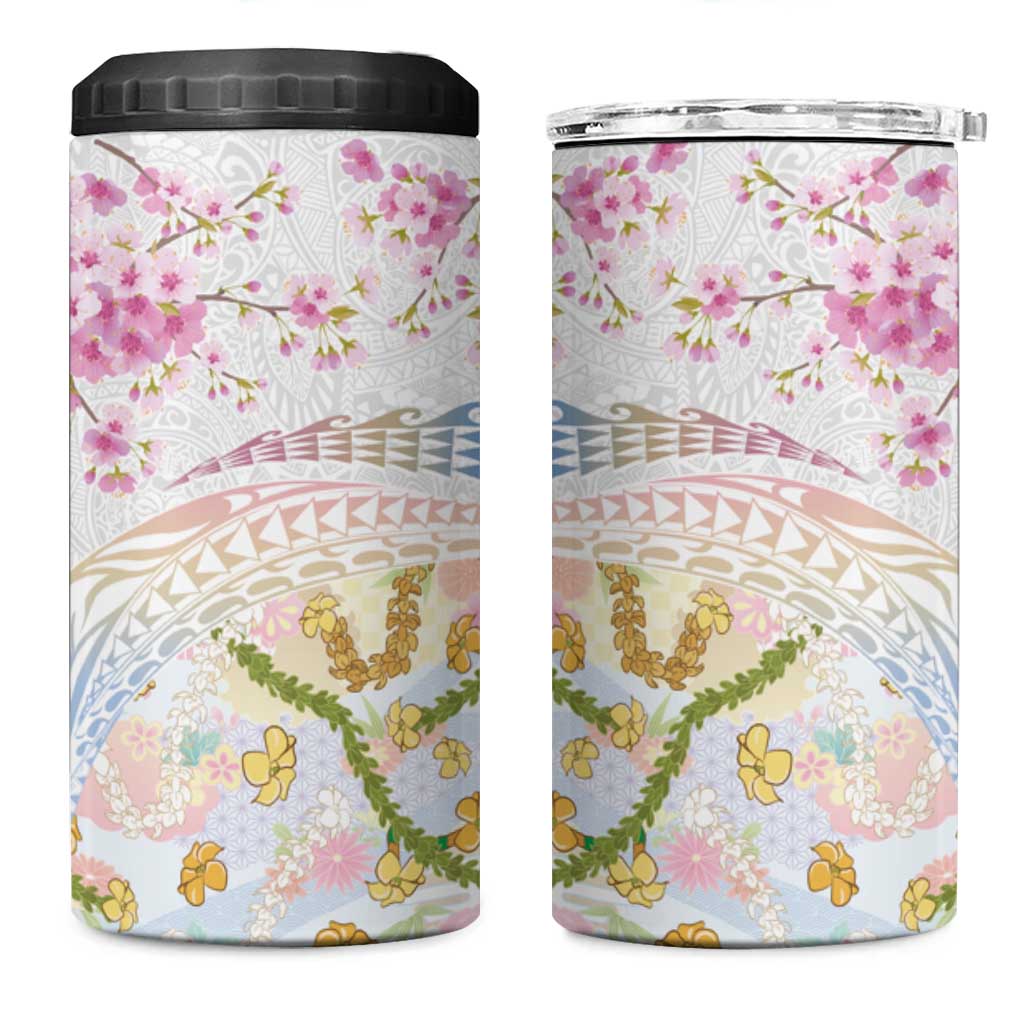 Hawaiian and Japanese Culture Together 4 in 1 Can Cooler Tumbler Tribal Motifs with Lei and Japanese Sakura Pattern