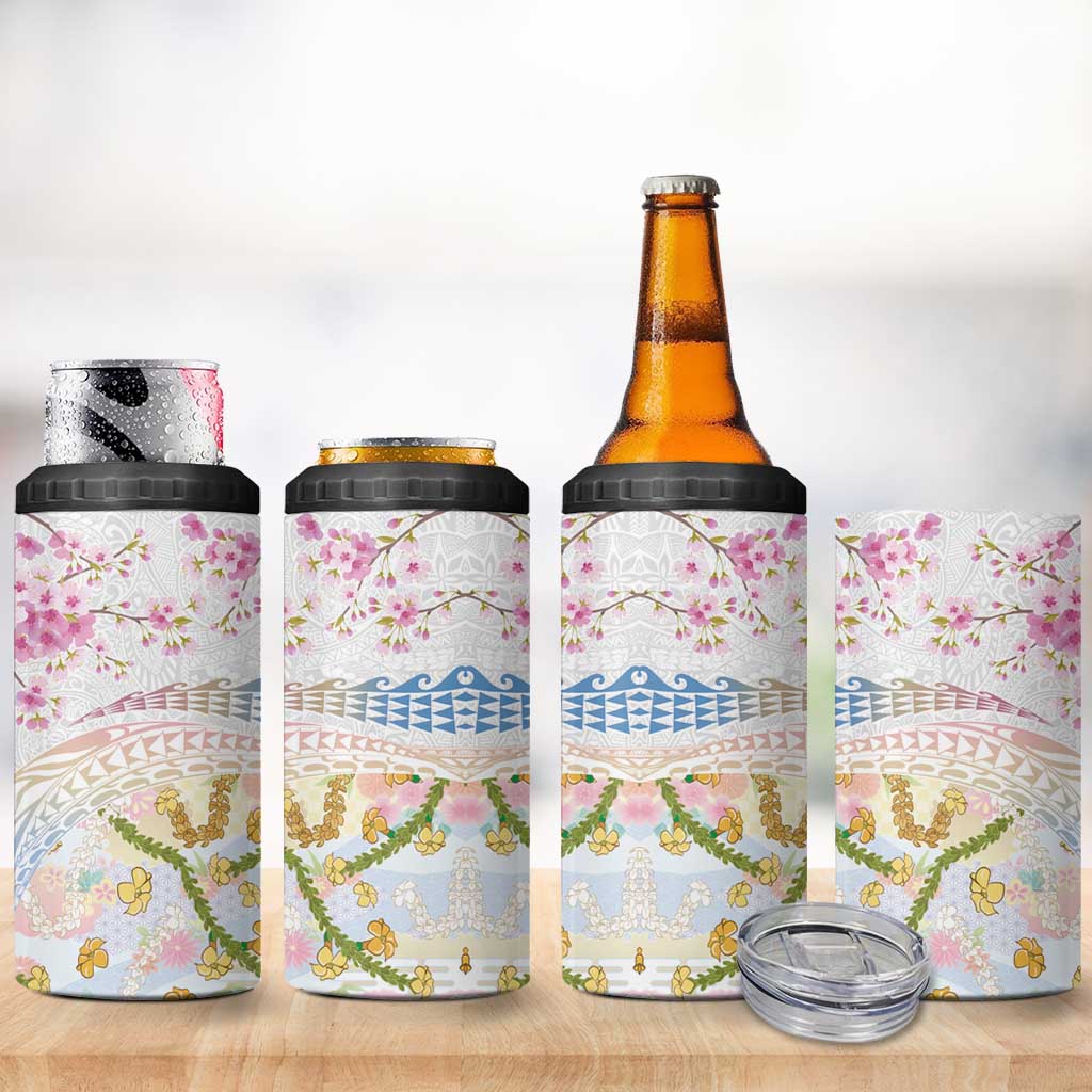 Hawaiian and Japanese Culture Together 4 in 1 Can Cooler Tumbler Tribal Motifs with Lei and Japanese Sakura Pattern LT03 - Polynesian Pride