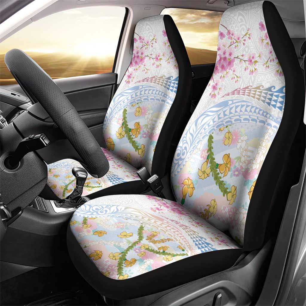 Hawaiian and Japanese Culture Together Car Seat Cover Tribal Motifs with Lei and Japanese Sakura Pattern LT03 - Polynesian Pride