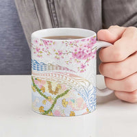 Hawaiian and Japanese Culture Together Ceramic Mug Tribal Motifs with Lei and Japanese Sakura Pattern