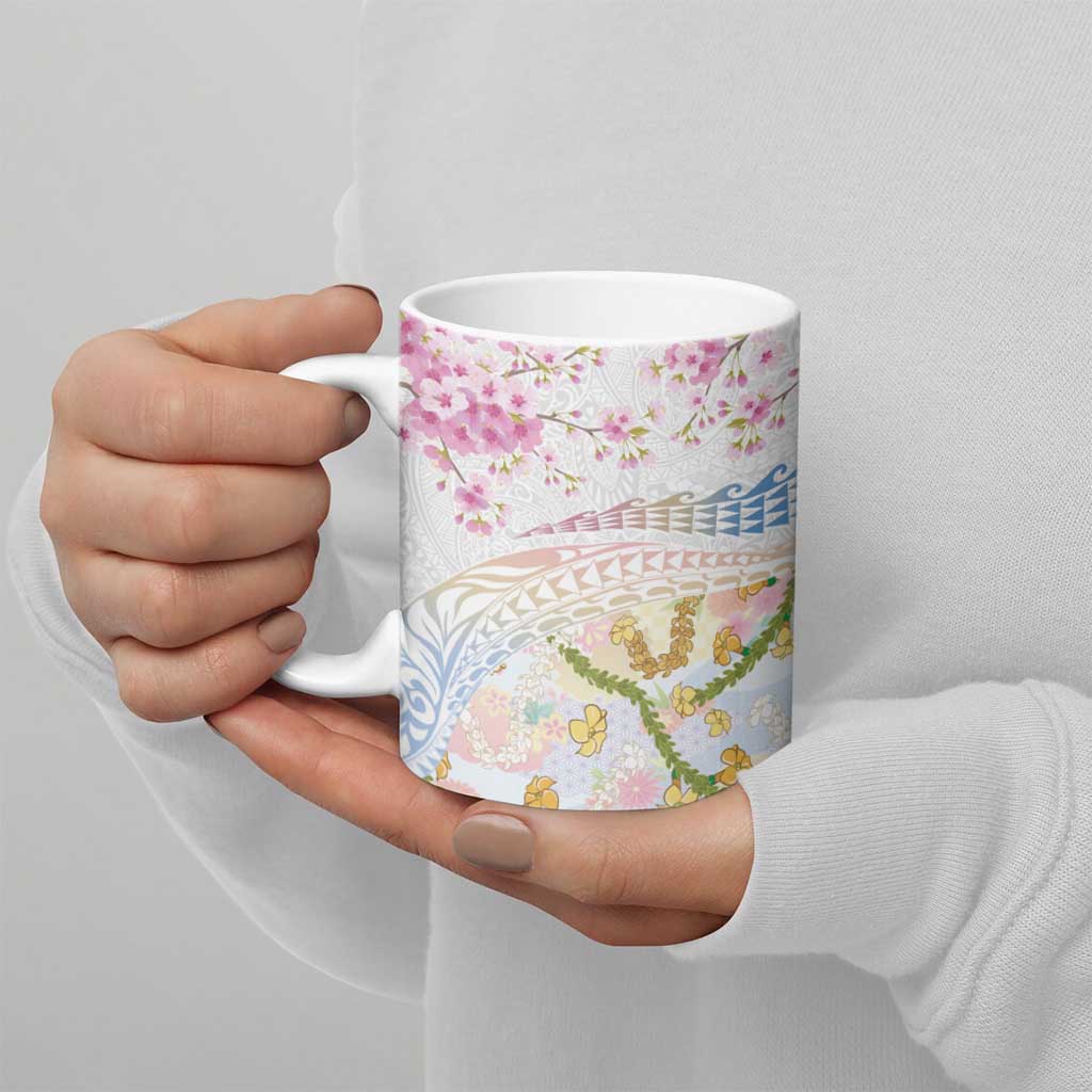 Hawaiian and Japanese Culture Together Ceramic Mug Tribal Motifs with Lei and Japanese Sakura Pattern