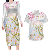 Hawaiian and Japanese Culture Together Couples Matching Long Sleeve Bodycon Dress and Hawaiian Shirt Tribal Motifs with Lei and Japanese Sakura Pattern LT03 White - Polynesian Pride