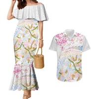 Hawaiian and Japanese Culture Together Couples Matching Mermaid Dress and Hawaiian Shirt Tribal Motifs with Lei and Japanese Sakura Pattern LT03 White - Polynesian Pride