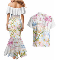 Hawaiian and Japanese Culture Together Couples Matching Mermaid Dress and Hawaiian Shirt Tribal Motifs with Lei and Japanese Sakura Pattern LT03 - Polynesian Pride