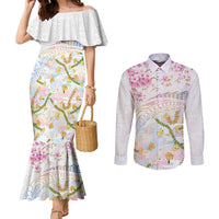 Hawaiian and Japanese Culture Together Couples Matching Mermaid Dress and Long Sleeve Button Shirt Tribal Motifs with Lei and Japanese Sakura Pattern LT03 White - Polynesian Pride