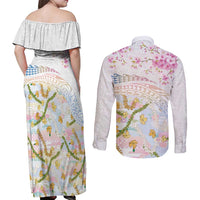 Hawaiian and Japanese Culture Together Couples Matching Off Shoulder Maxi Dress and Long Sleeve Button Shirt Tribal Motifs with Lei and Japanese Sakura Pattern LT03 - Polynesian Pride