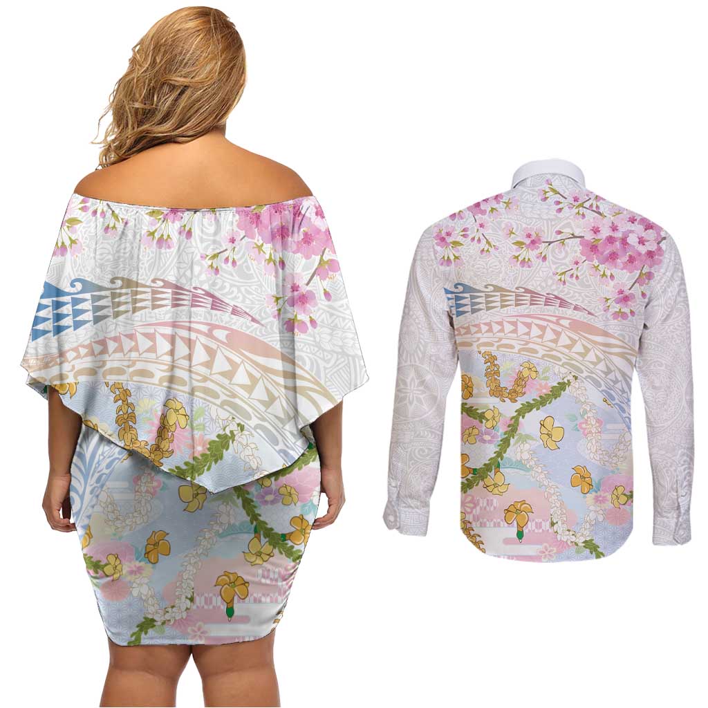 Hawaiian and Japanese Culture Together Couples Matching Off Shoulder Short Dress and Long Sleeve Button Shirt Tribal Motifs with Lei and Japanese Sakura Pattern LT03 - Polynesian Pride