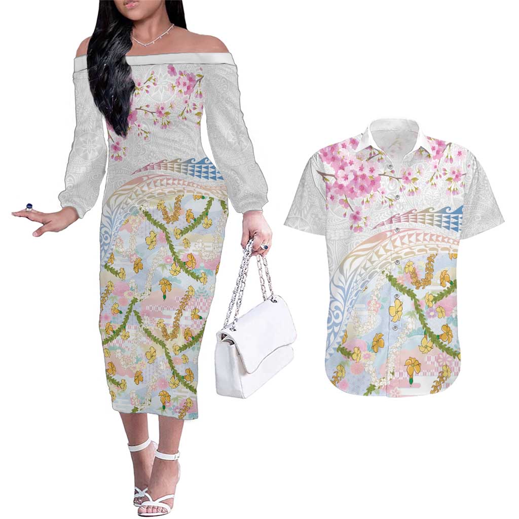Hawaiian and Japanese Culture Together Couples Matching Off The Shoulder Long Sleeve Dress and Hawaiian Shirt Tribal Motifs with Lei and Japanese Sakura Pattern LT03 White - Polynesian Pride