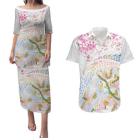 Hawaiian and Japanese Culture Together Couples Matching Puletasi and Hawaiian Shirt Tribal Motifs with Lei and Japanese Sakura Pattern LT03 White - Polynesian Pride
