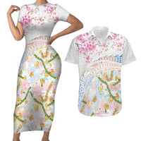 Hawaiian and Japanese Culture Together Couples Matching Short Sleeve Bodycon Dress and Hawaiian Shirt Tribal Motifs with Lei and Japanese Sakura Pattern LT03 White - Polynesian Pride