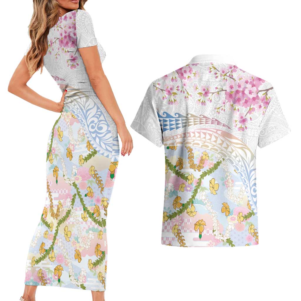 Hawaiian and Japanese Culture Together Couples Matching Short Sleeve Bodycon Dress and Hawaiian Shirt Tribal Motifs with Lei and Japanese Sakura Pattern LT03 - Polynesian Pride