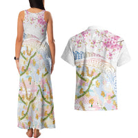 Hawaiian and Japanese Culture Together Couples Matching Tank Maxi Dress and Hawaiian Shirt Tribal Motifs with Lei and Japanese Sakura Pattern LT03 - Polynesian Pride