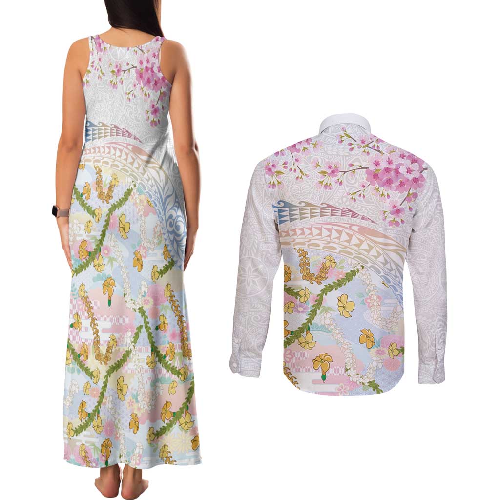 Hawaiian and Japanese Culture Together Couples Matching Tank Maxi Dress and Long Sleeve Button Shirt Tribal Motifs with Lei and Japanese Sakura Pattern LT03 - Polynesian Pride