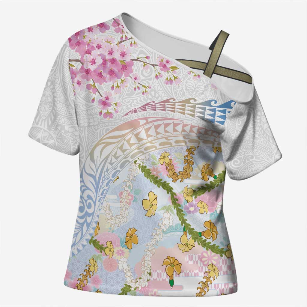 Hawaiian and Japanese Culture Together Cross Shoulder Shirt Tribal Motifs with Lei and Japanese Sakura Pattern
