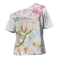 Hawaiian and Japanese Culture Together Cross Shoulder Shirt Tribal Motifs with Lei and Japanese Sakura Pattern LT03 - Polynesian Pride