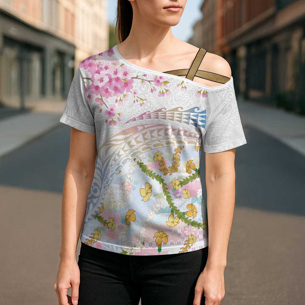 Hawaiian and Japanese Culture Together Cross Shoulder Shirt Tribal Motifs with Lei and Japanese Sakura Pattern LT03 - Polynesian Pride