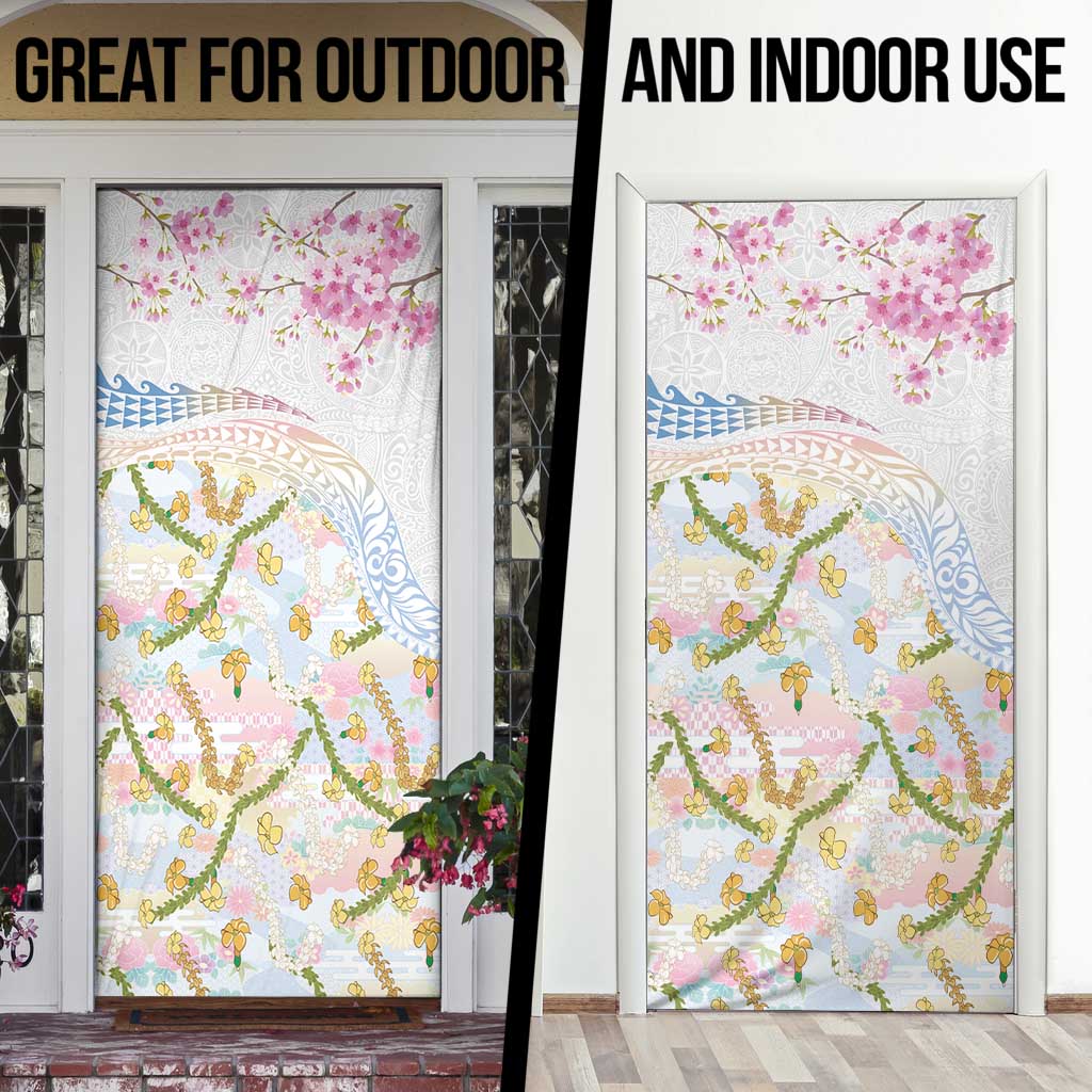 Hawaiian and Japanese Culture Together Door Cover Tribal Motifs with Lei and Japanese Sakura Pattern LT03 - Polynesian Pride
