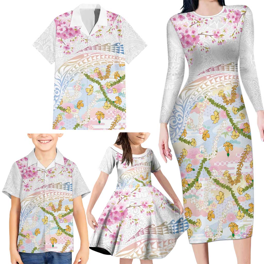 Hawaiian and Japanese Culture Together Family Matching Long Sleeve Bodycon Dress and Hawaiian Shirt Tribal Motifs with Lei and Japanese Sakura Pattern LT03 - Polynesian Pride
