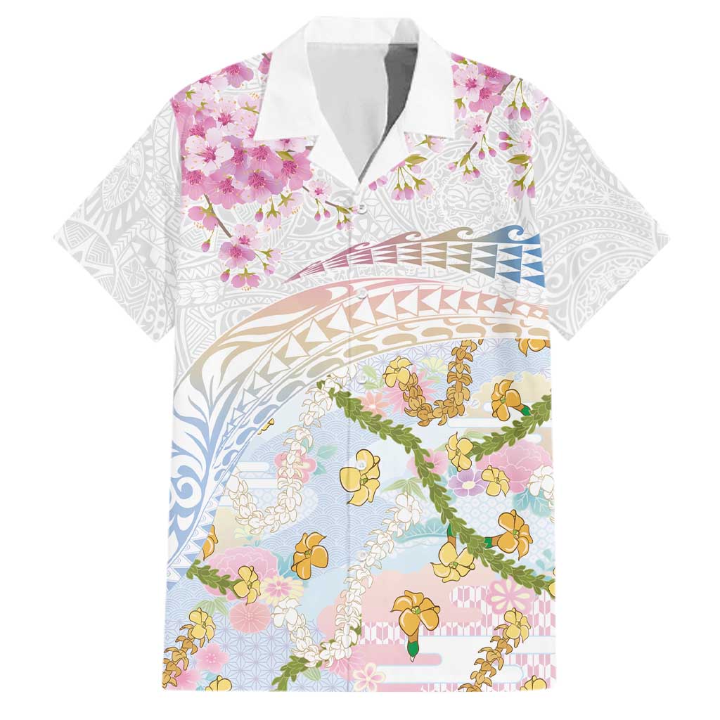 Hawaiian and Japanese Culture Together Family Matching Long Sleeve Bodycon Dress and Hawaiian Shirt Tribal Motifs with Lei and Japanese Sakura Pattern LT03 Dad's Shirt - Short Sleeve White - Polynesian Pride