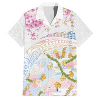 Hawaiian and Japanese Culture Together Family Matching Long Sleeve Bodycon Dress and Hawaiian Shirt Tribal Motifs with Lei and Japanese Sakura Pattern LT03 Dad's Shirt - Short Sleeve White - Polynesian Pride