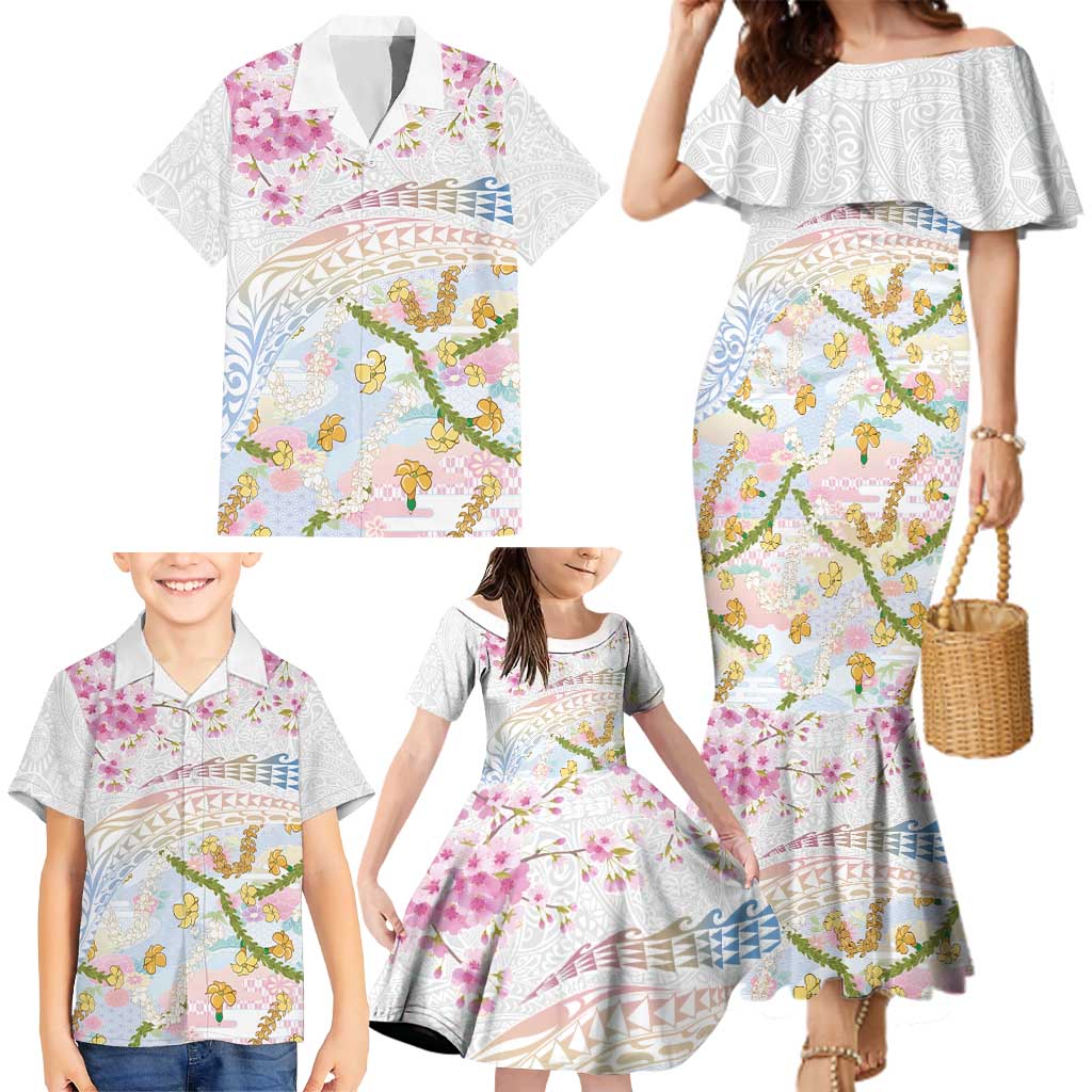 Hawaiian and Japanese Culture Together Family Matching Mermaid Dress and Hawaiian Shirt Tribal Motifs with Lei and Japanese Sakura Pattern
