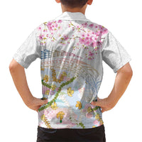 Hawaiian and Japanese Culture Together Family Matching Off Shoulder Maxi Dress and Hawaiian Shirt Tribal Motifs with Lei and Japanese Sakura Pattern LT03 - Polynesian Pride