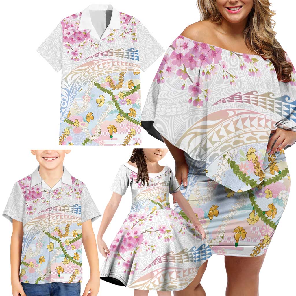Hawaiian and Japanese Culture Together Family Matching Off Shoulder Short Dress and Hawaiian Shirt Tribal Motifs with Lei and Japanese Sakura Pattern LT03 - Polynesian Pride