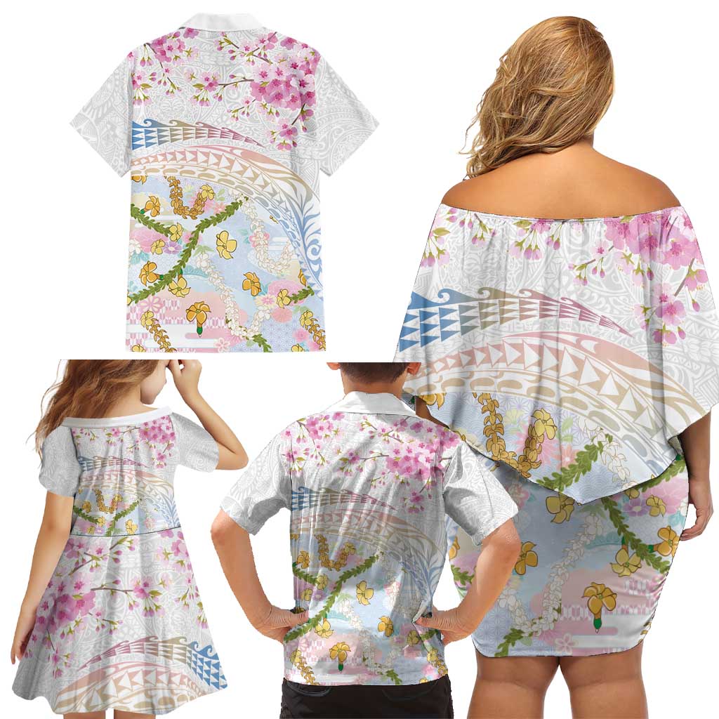 Hawaiian and Japanese Culture Together Family Matching Off Shoulder Short Dress and Hawaiian Shirt Tribal Motifs with Lei and Japanese Sakura Pattern LT03 - Polynesian Pride