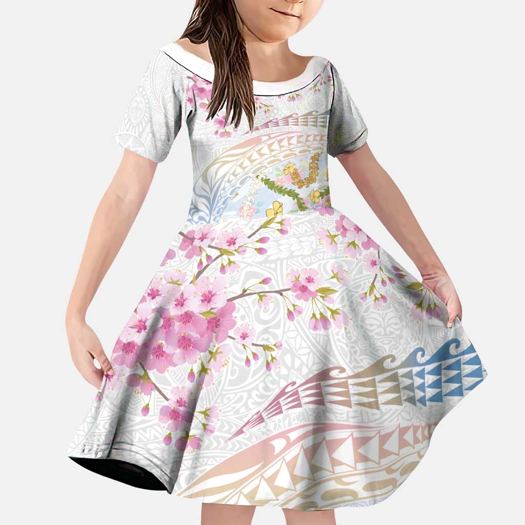 Hawaiian and Japanese Culture Together Family Matching Puletasi and Hawaiian Shirt Tribal Motifs with Lei and Japanese Sakura Pattern LT03 Daughter's Dress White - Polynesian Pride