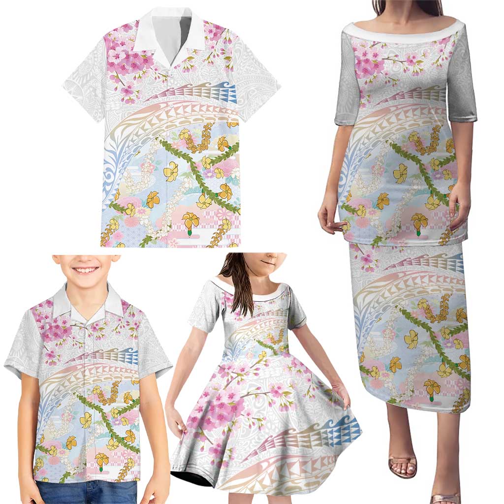 Hawaiian and Japanese Culture Together Family Matching Puletasi and Hawaiian Shirt Tribal Motifs with Lei and Japanese Sakura Pattern LT03 - Polynesian Pride