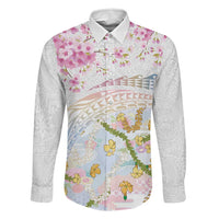 Hawaiian and Japanese Culture Together Family Matching Puletasi and Hawaiian Shirt Tribal Motifs with Lei and Japanese Sakura Pattern LT03 Dad's Shirt - Long Sleeve White - Polynesian Pride