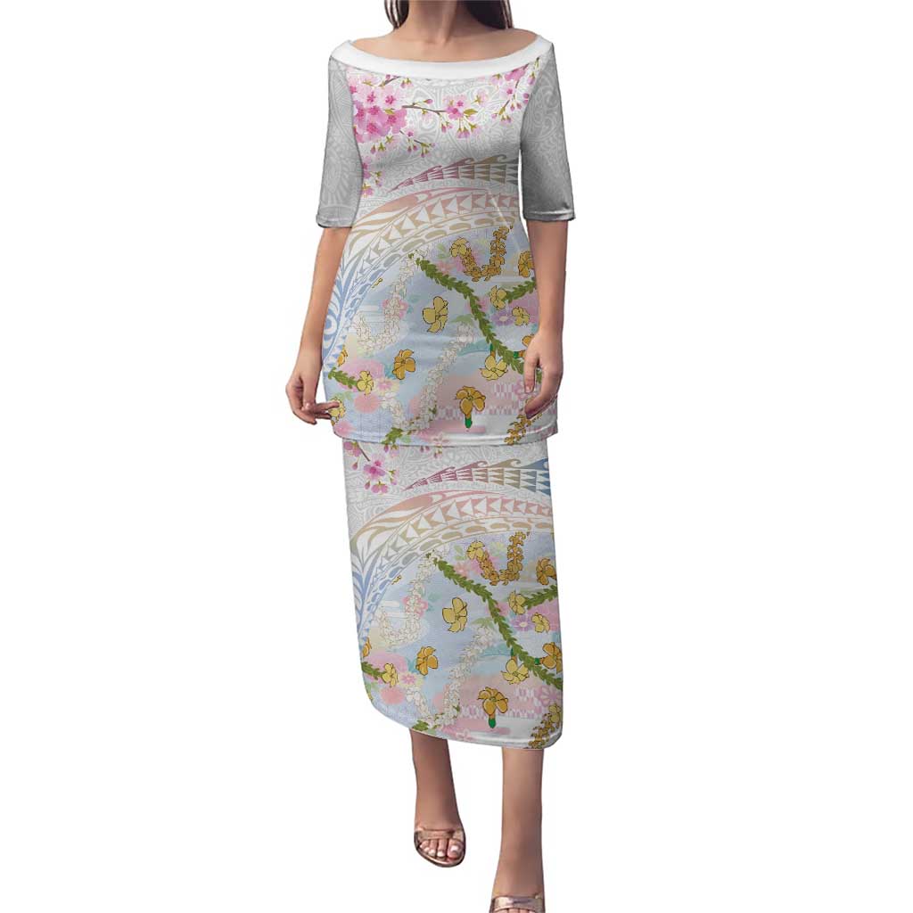 Hawaiian and Japanese Culture Together Family Matching Puletasi and Hawaiian Shirt Tribal Motifs with Lei and Japanese Sakura Pattern LT03 Mom's Dress White - Polynesian Pride