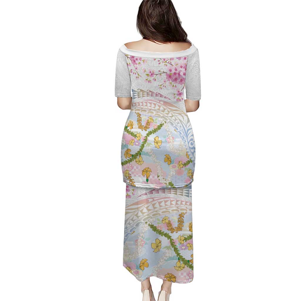 Hawaiian and Japanese Culture Together Family Matching Puletasi and Hawaiian Shirt Tribal Motifs with Lei and Japanese Sakura Pattern LT03 - Polynesian Pride