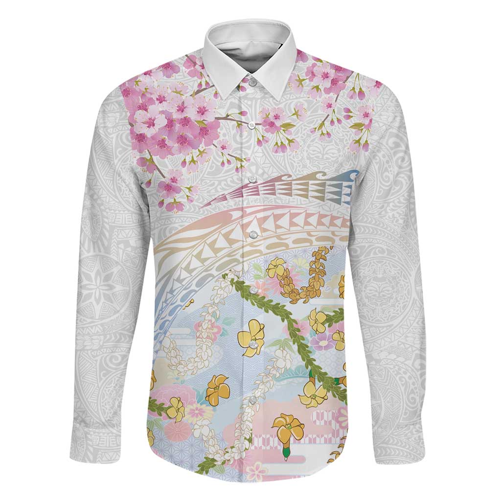 Hawaiian and Japanese Culture Together Family Matching Short Sleeve Bodycon Dress and Hawaiian Shirt Tribal Motifs with Lei and Japanese Sakura Pattern LT03 Dad's Shirt - Long Sleeve White - Polynesian Pride