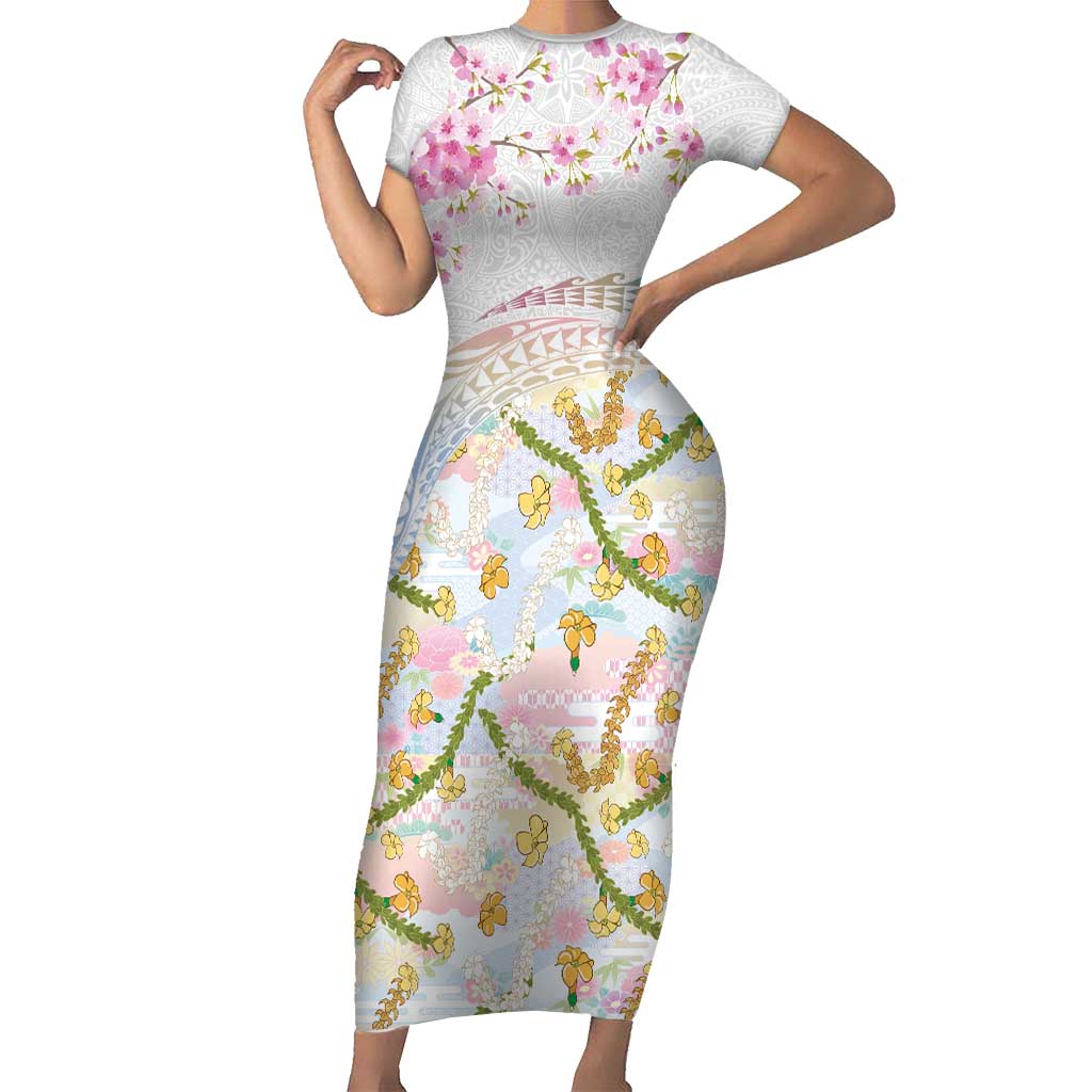 Hawaiian and Japanese Culture Together Family Matching Short Sleeve Bodycon Dress and Hawaiian Shirt Tribal Motifs with Lei and Japanese Sakura Pattern LT03 Mom's Dress White - Polynesian Pride