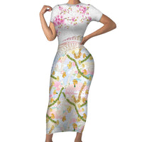 Hawaiian and Japanese Culture Together Family Matching Short Sleeve Bodycon Dress and Hawaiian Shirt Tribal Motifs with Lei and Japanese Sakura Pattern LT03 Mom's Dress White - Polynesian Pride