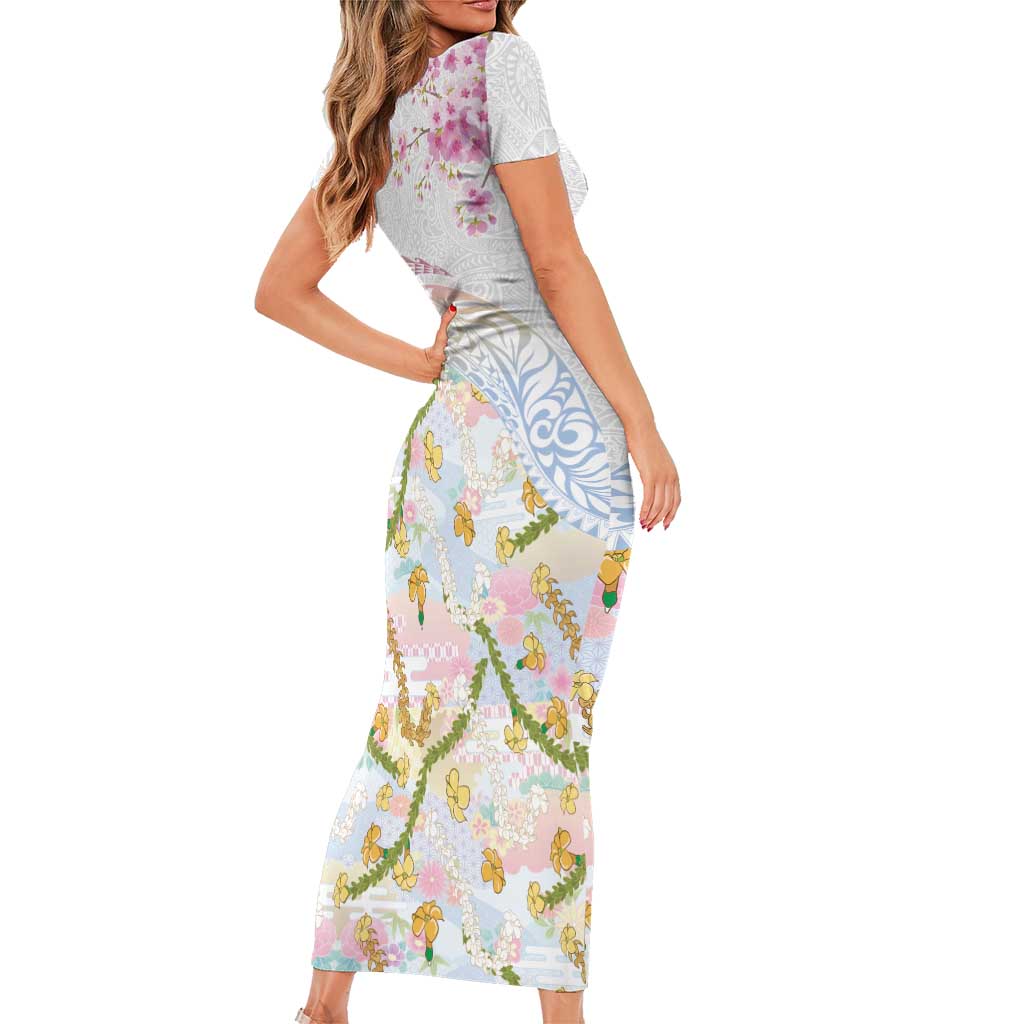 Hawaiian and Japanese Culture Together Family Matching Short Sleeve Bodycon Dress and Hawaiian Shirt Tribal Motifs with Lei and Japanese Sakura Pattern LT03 - Polynesian Pride