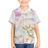 Hawaiian and Japanese Culture Together Family Matching Short Sleeve Bodycon Dress and Hawaiian Shirt Tribal Motifs with Lei and Japanese Sakura Pattern LT03 Son's Shirt White - Polynesian Pride
