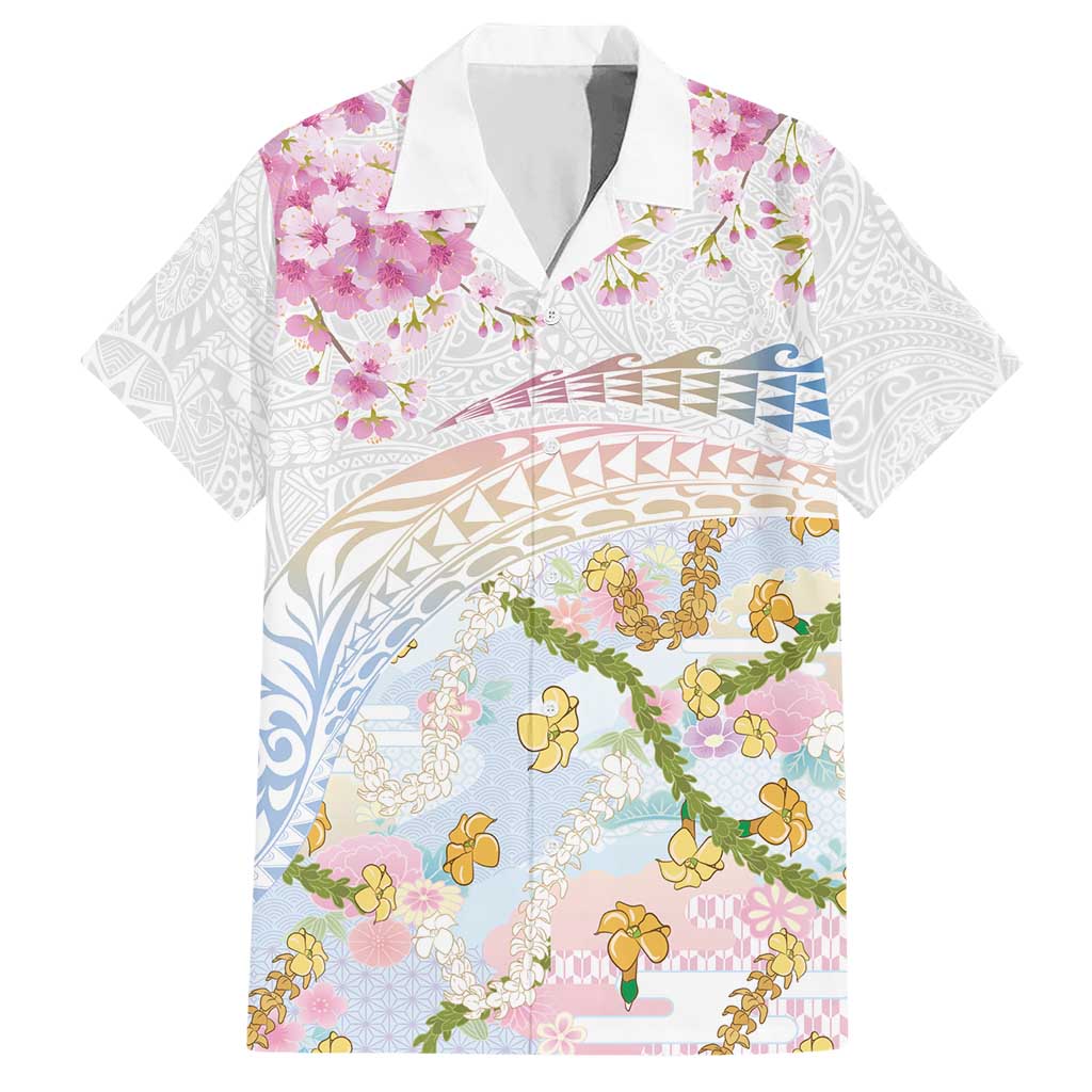 Hawaiian and Japanese Culture Together Hawaiian Shirt Tribal Motifs with Lei and Japanese Sakura Pattern LT03 White - Polynesian Pride