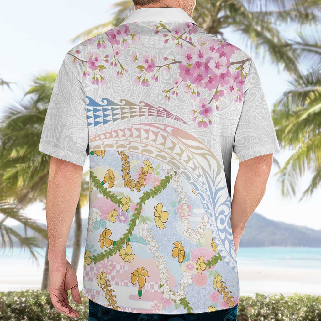 Hawaiian and Japanese Culture Together Hawaiian Shirt Tribal Motifs with Lei and Japanese Sakura Pattern LT03 - Polynesian Pride