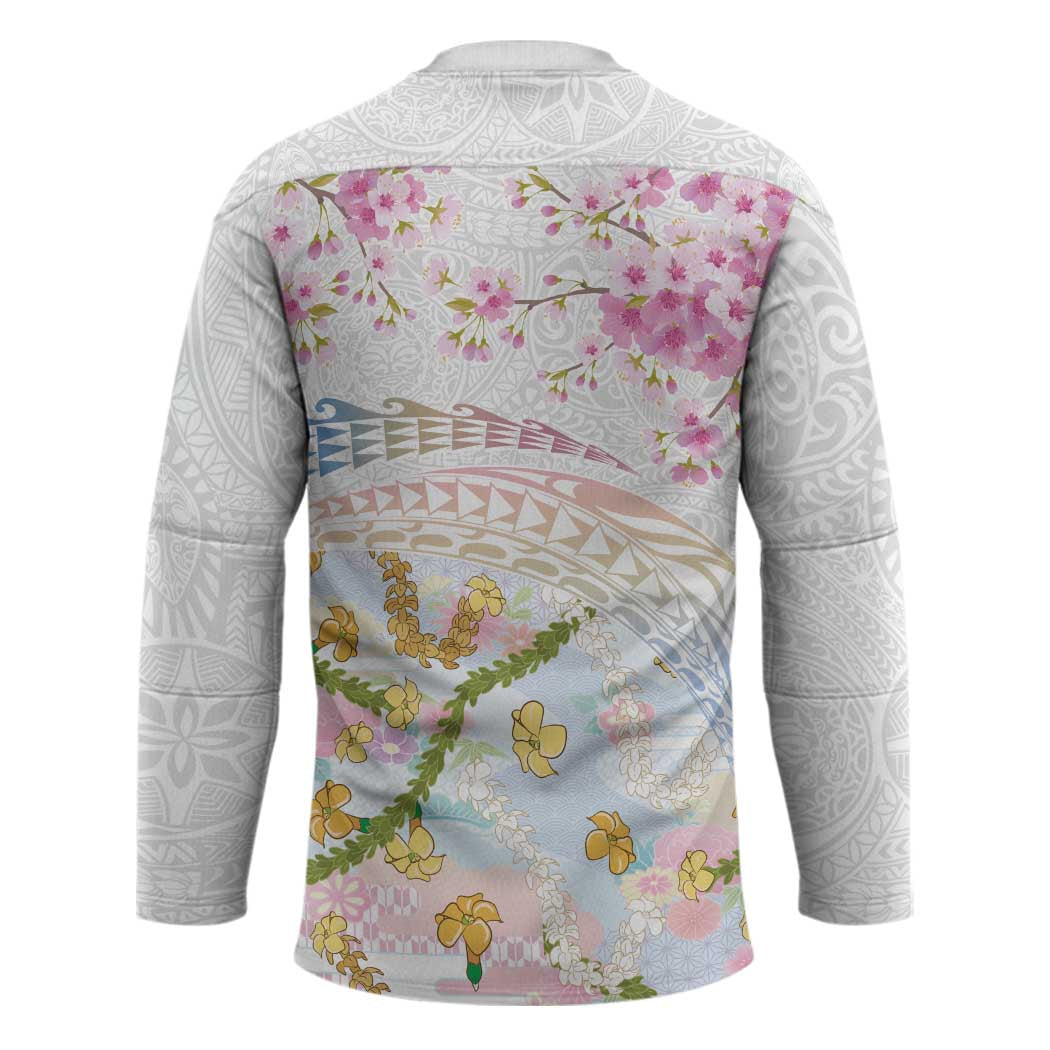 Hawaiian and Japanese Culture Together Hockey Jersey Tribal Motifs with Lei and Japanese Sakura Pattern LT03 - Polynesian Pride
