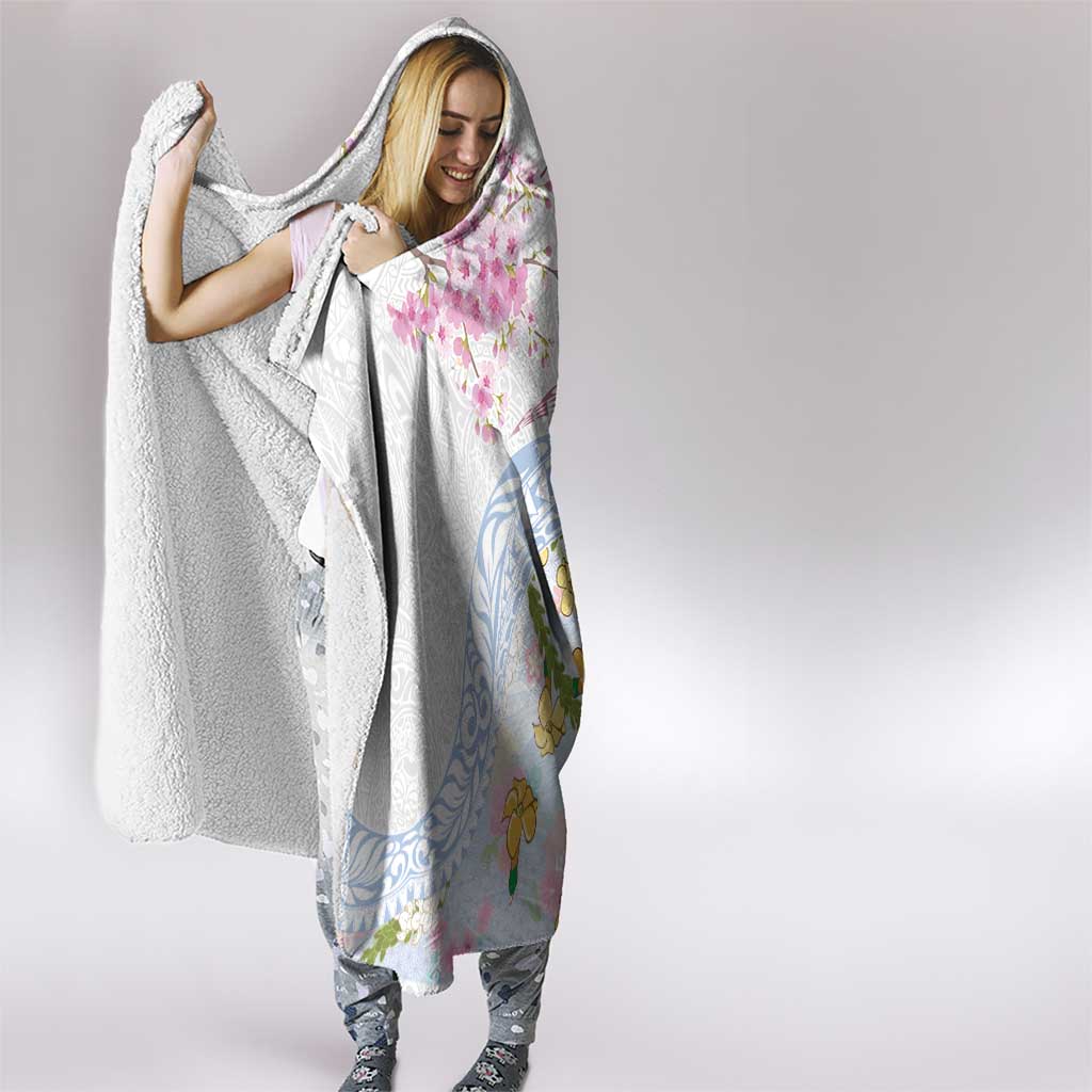 Hawaiian and Japanese Culture Together Hooded Blanket Tribal Motifs with Lei and Japanese Sakura Pattern